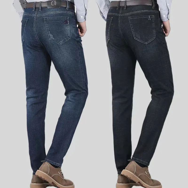 2023 New Fall Slim Fit Trousers Mid-High Waist plus Size Straight Pants Men's Middle-Aged Stretch Cotton Jeans