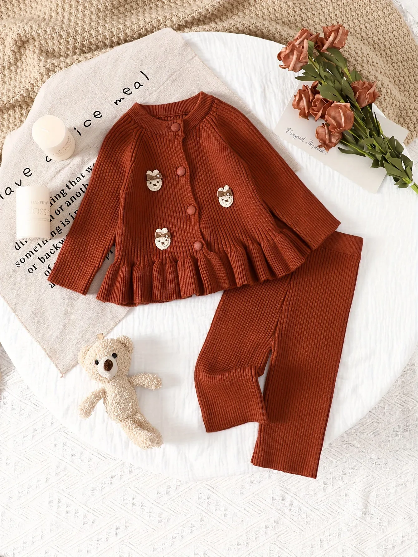 2pcs Baby's Adorable Bear Patchwork Ruffled Sweater Cardigan & Casual Knitted Pants, Toddler & Infant Girl's Clothing Set For Fall Winter