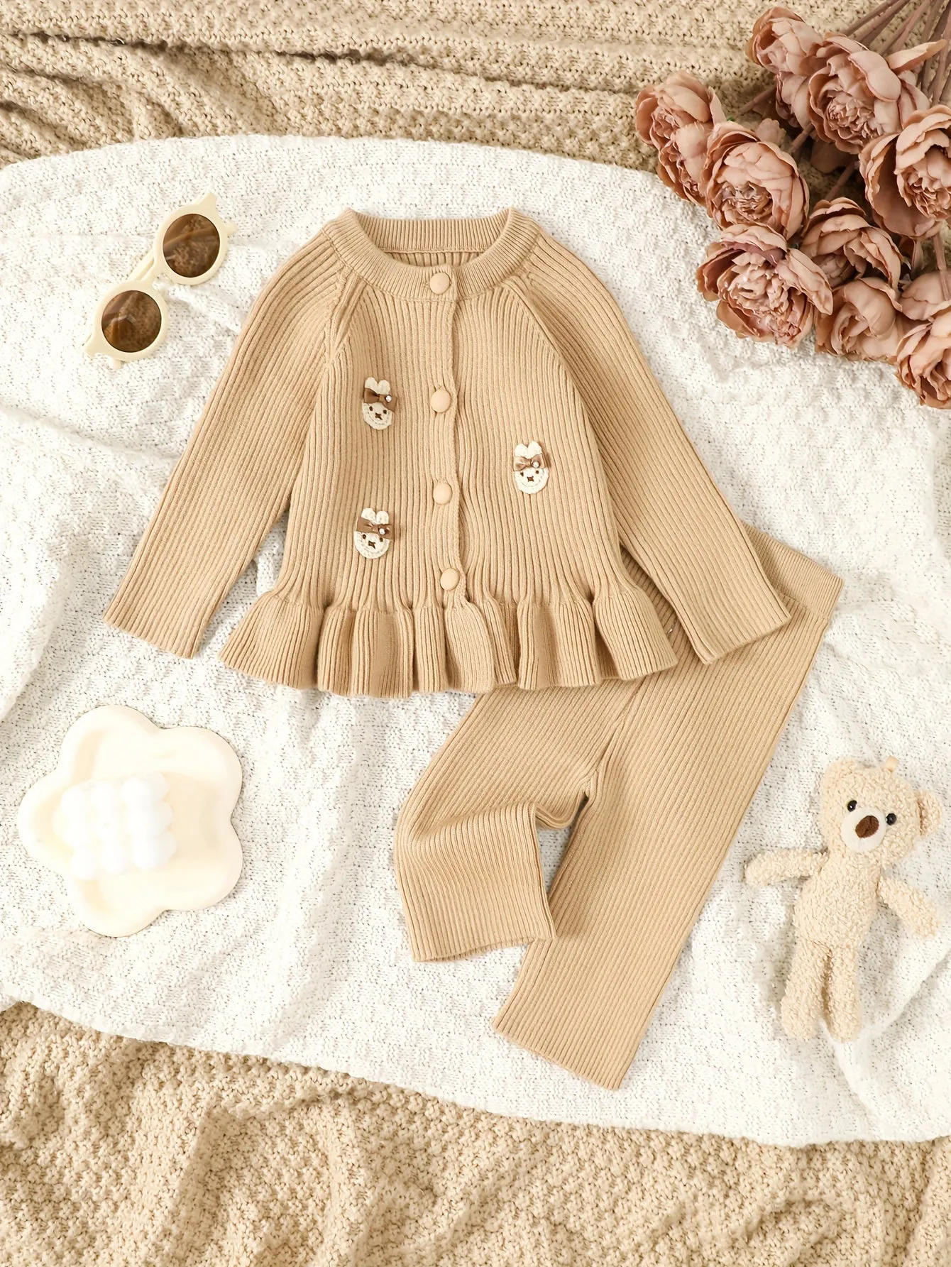 2pcs Baby's Adorable Bear Patchwork Ruffled Sweater Cardigan & Casual Knitted Pants, Toddler & Infant Girl's Clothing Set For Fall Winter