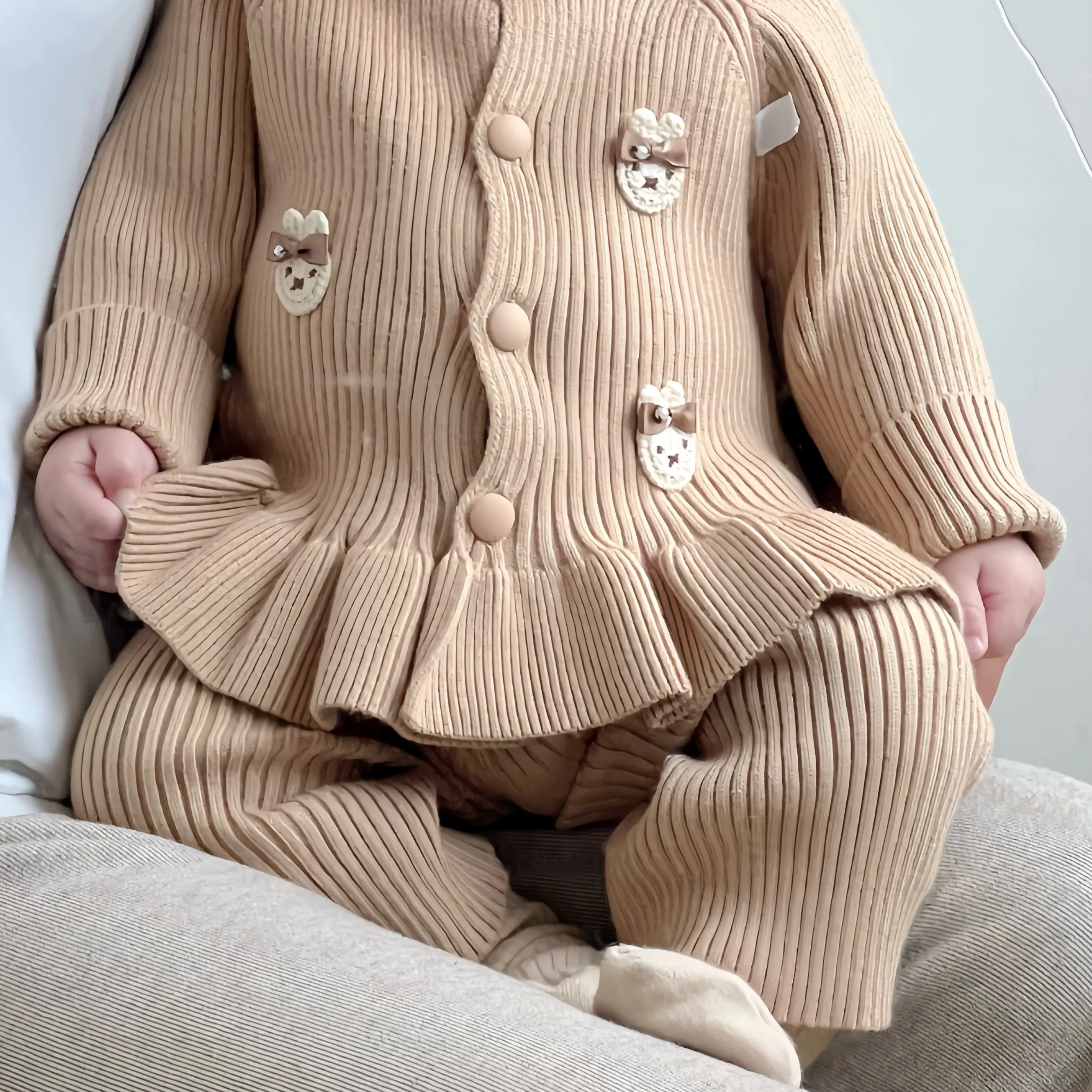 2pcs Baby's Adorable Bear Patchwork Ruffled Sweater Cardigan & Casual Knitted Pants, Toddler & Infant Girl's Clothing Set For Fall Winter