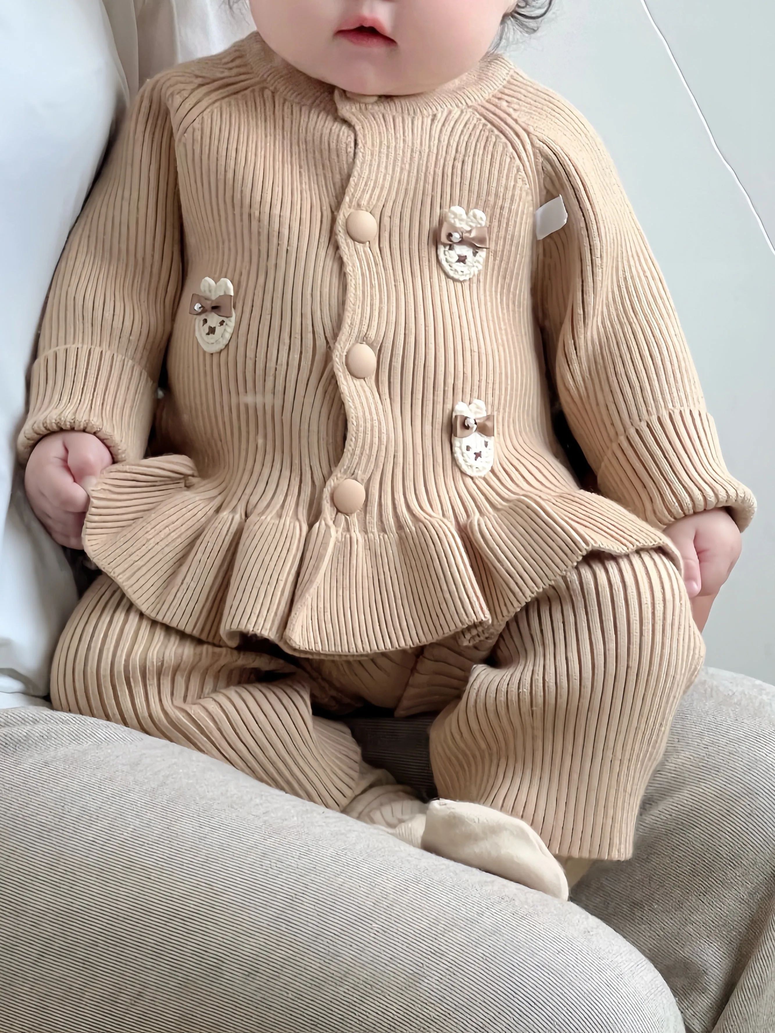 2pcs Baby's Adorable Bear Patchwork Ruffled Sweater Cardigan & Casual Knitted Pants, Toddler & Infant Girl's Clothing Set For Fall Winter