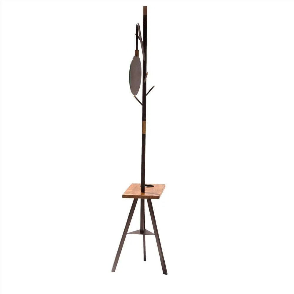 84 Inch Metal Coat Rack, Built In Mirror and Acacia Wood Accessory Table, Brown, Black By The Urban Port