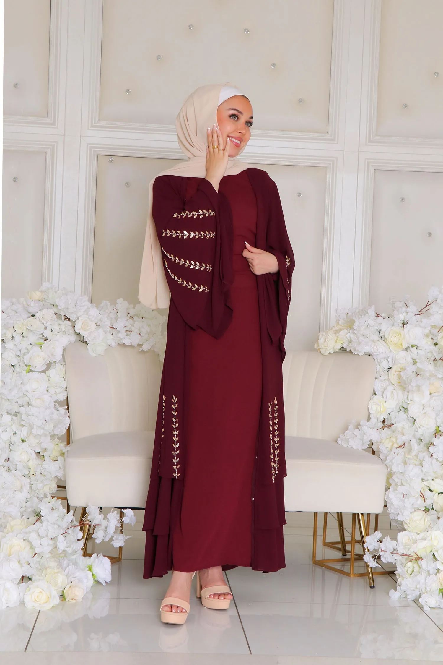 Amor Chiffon Layered Abaya- Mahogany