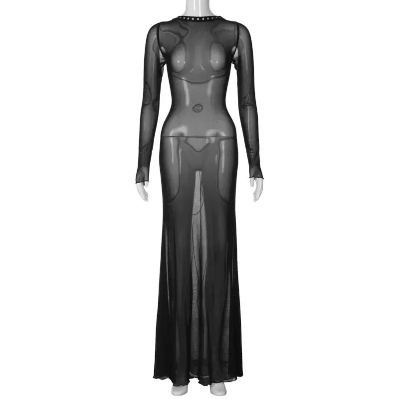 Amozae-2024 Sexy Women's See Through Mesh Long Dress Night Club Outfit Ladies Hollow Out Backless Bandage Maxi Party Dresses Streetwear