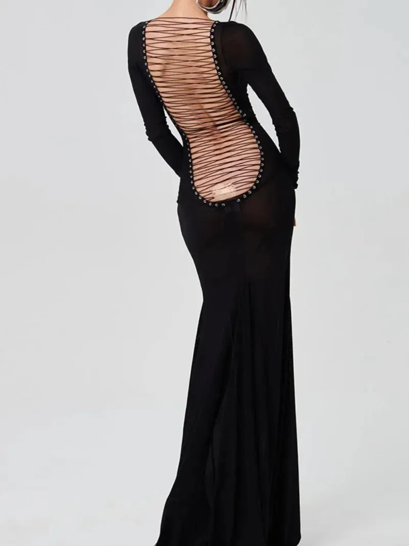 Amozae-2024 Sexy Women's See Through Mesh Long Dress Night Club Outfit Ladies Hollow Out Backless Bandage Maxi Party Dresses Streetwear