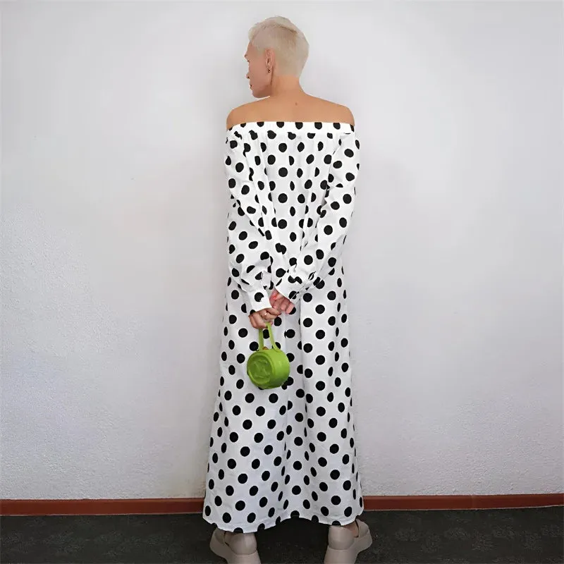 Amozae-Gymystars Women's Stylish Polka Dot Long Dress Elastic Off-the-shoulder Long Sleeve Loose Fit Streetwear Dress Casual Outfits