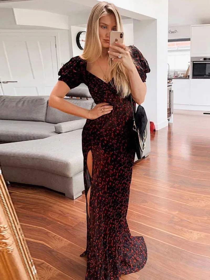 Amozae-Woman Clothing 2024 V-neck Short Sleeve Tunics High Slit Long Maxi Dress Streetwear Female Printed Holiday Beach Dresses Black