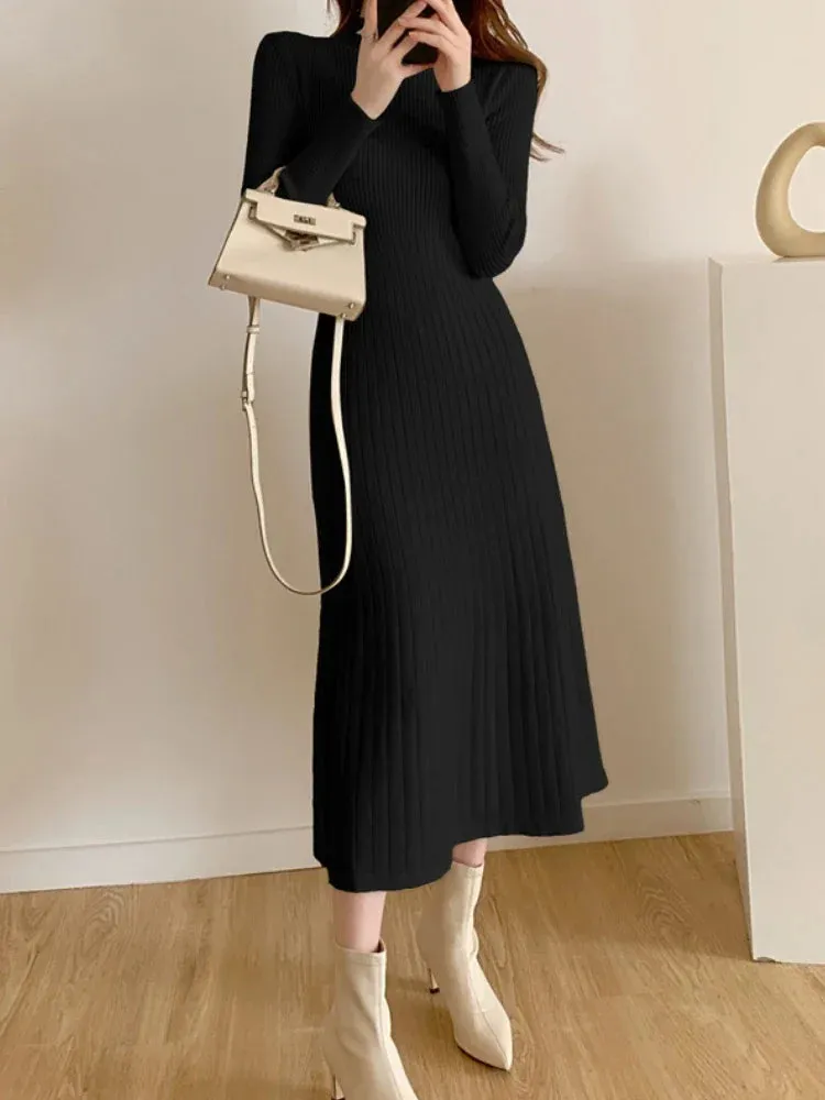 Autumn Winter 2024 Slim Long Sleeve Party Midi Dress for Women Knitted Half High Collar Elegant Knitted Sweater Dresses Ladies