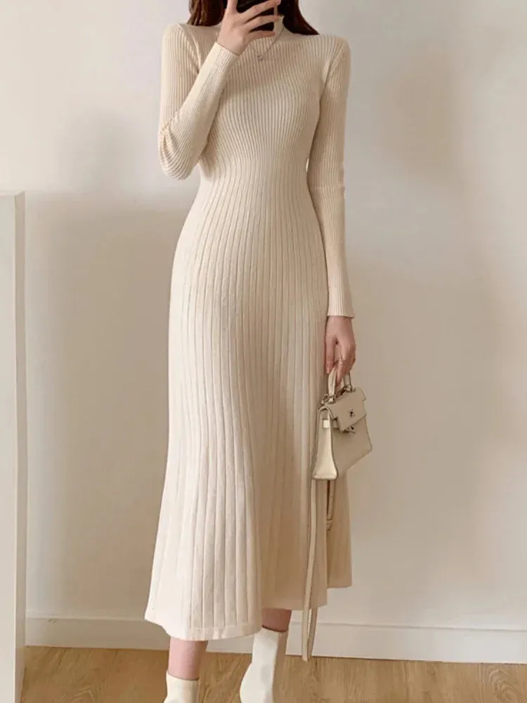 Autumn Winter 2024 Slim Long Sleeve Party Midi Dress for Women Knitted Half High Collar Elegant Knitted Sweater Dresses Ladies