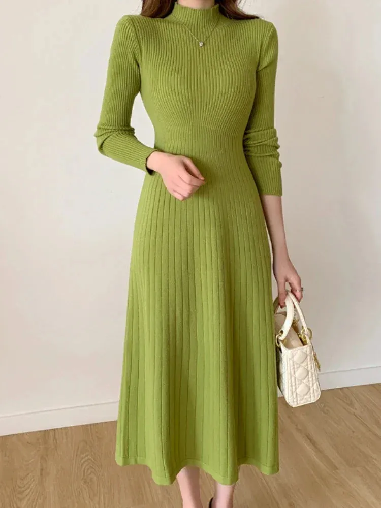 Autumn Winter 2024 Slim Long Sleeve Party Midi Dress for Women Knitted Half High Collar Elegant Knitted Sweater Dresses Ladies