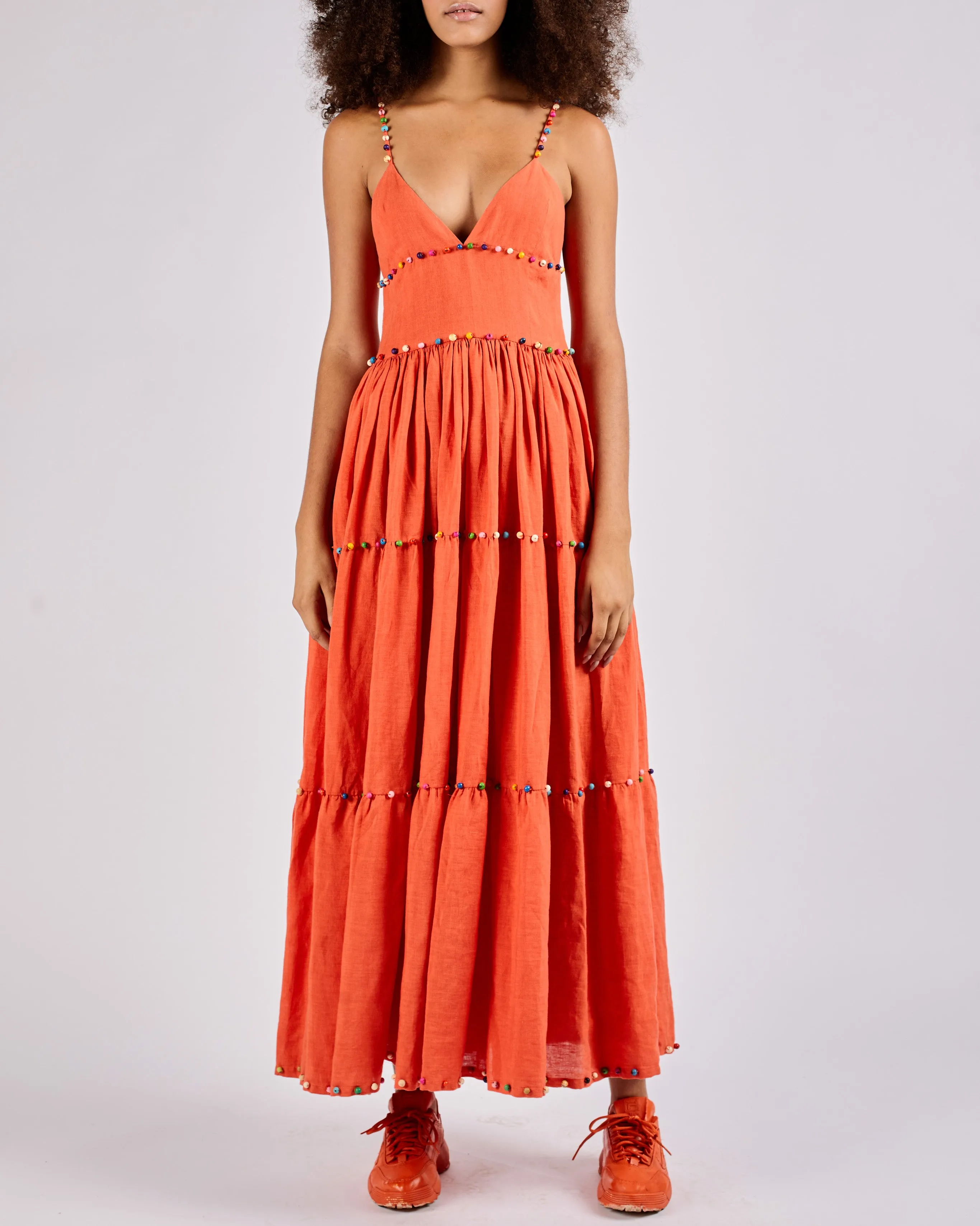 BEADED LINEN MAXI DRESS IN CORAL