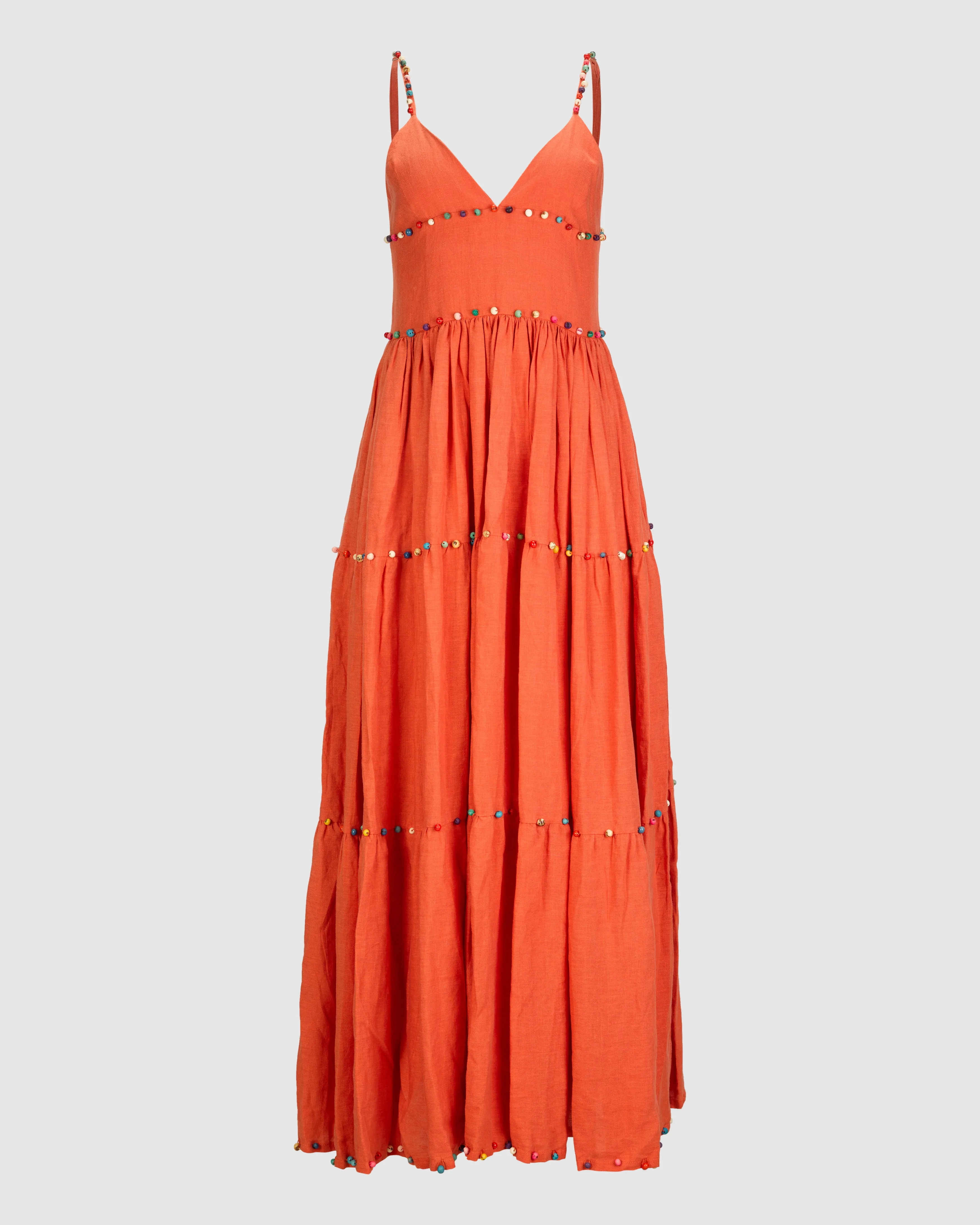 BEADED LINEN MAXI DRESS IN CORAL