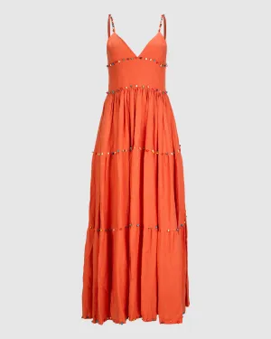 BEADED LINEN MAXI DRESS IN CORAL