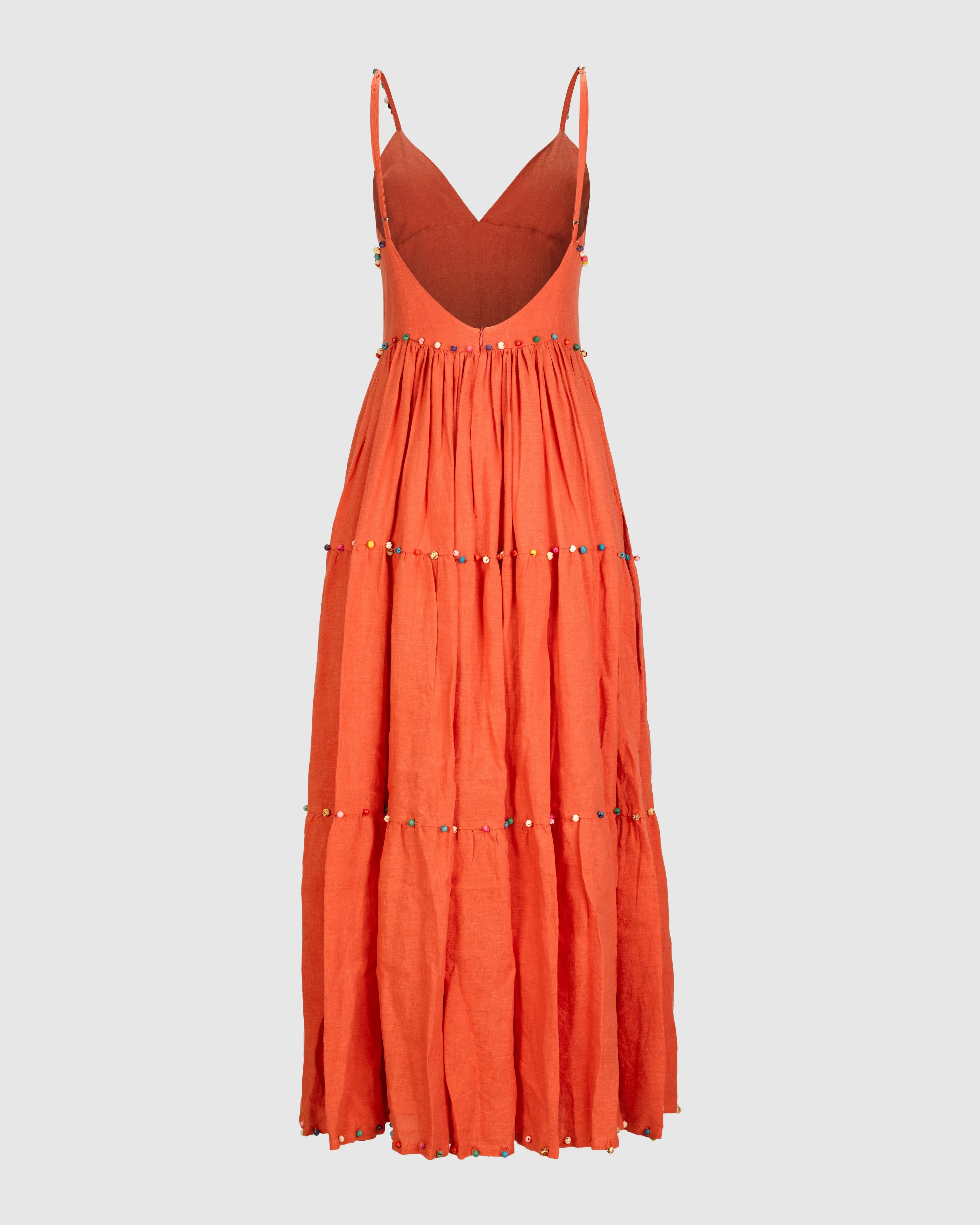 BEADED LINEN MAXI DRESS IN CORAL