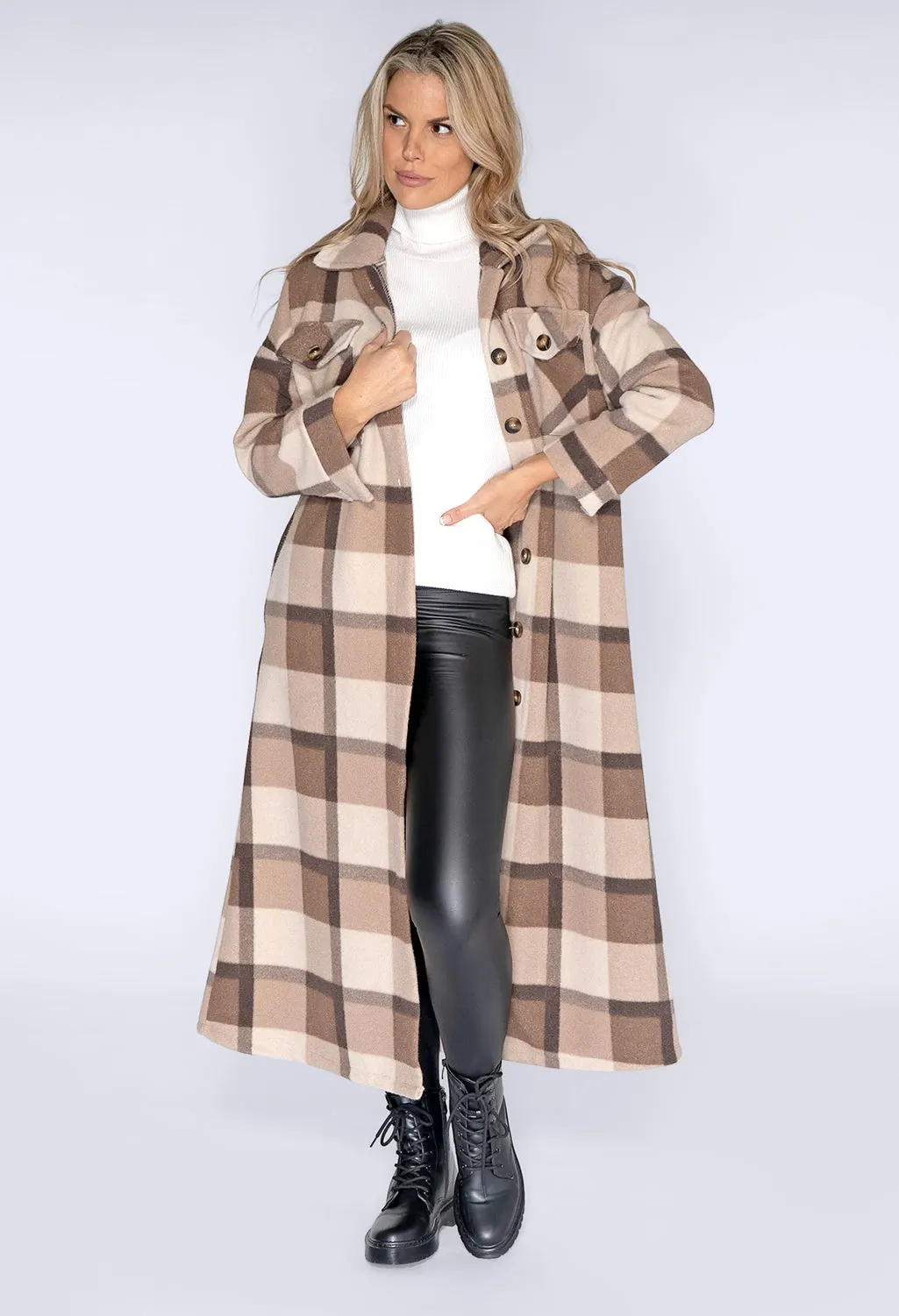 Beige Check Long Coat