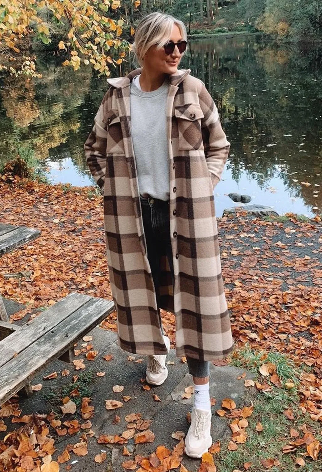 Beige Check Long Coat