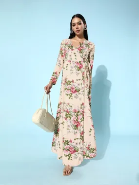 Berrylush Women Beige Floral Printed V-Neck Wrap Style Maxi Dress