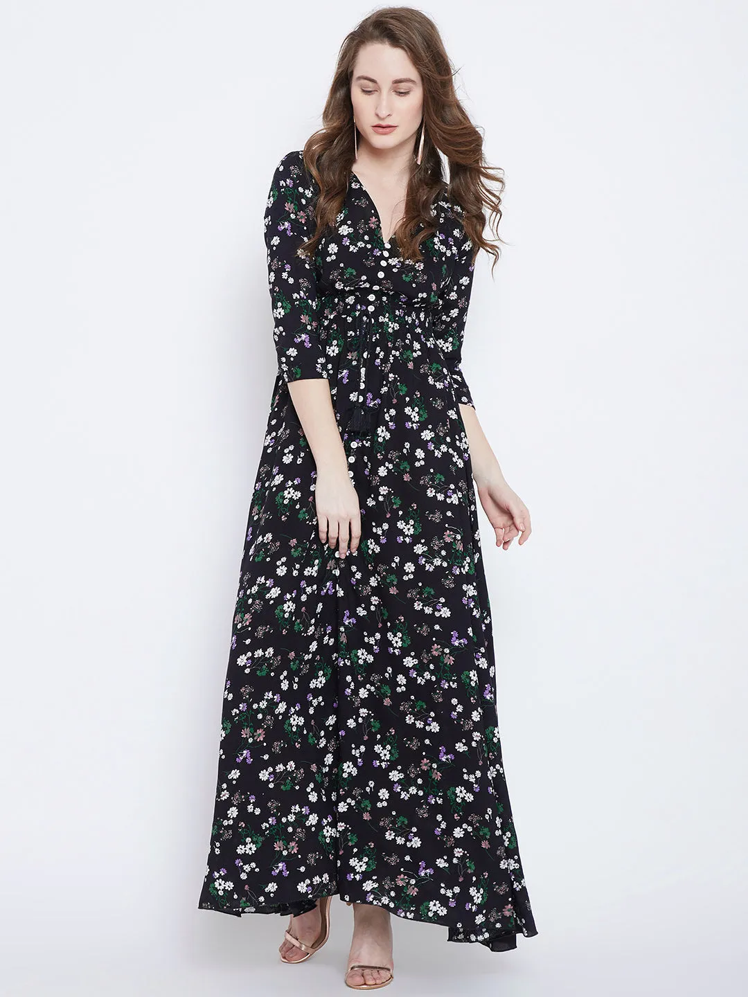 Berrylush Women Black & White Floral Printed V-Neck Thigh-High Slit Smocked Maxi Dress