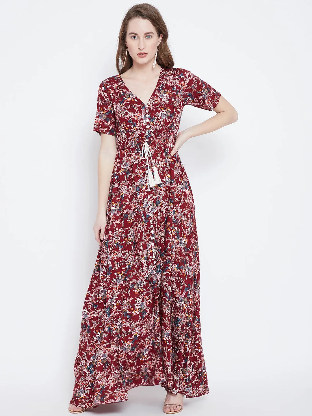 Berrylush Women Maroon & White Floral Printed V-Neck Thigh-High Slit Smocked Maxi Dress