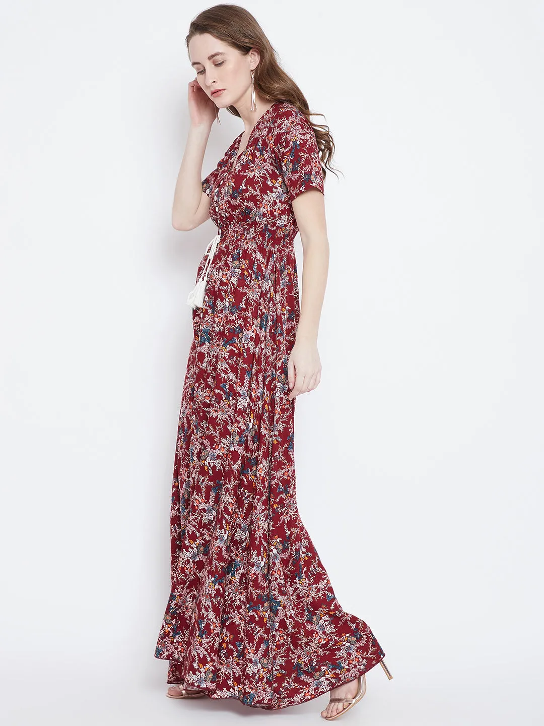 Berrylush Women Maroon & White Floral Printed V-Neck Thigh-High Slit Smocked Maxi Dress