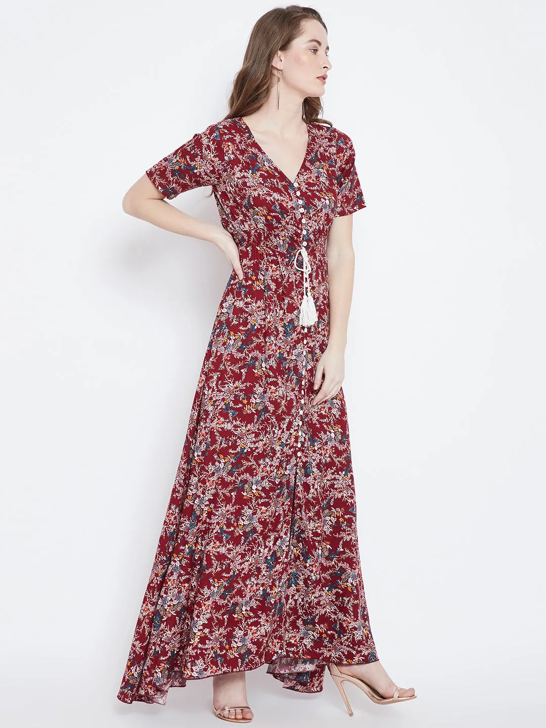 Berrylush Women Maroon & White Floral Printed V-Neck Thigh-High Slit Smocked Maxi Dress