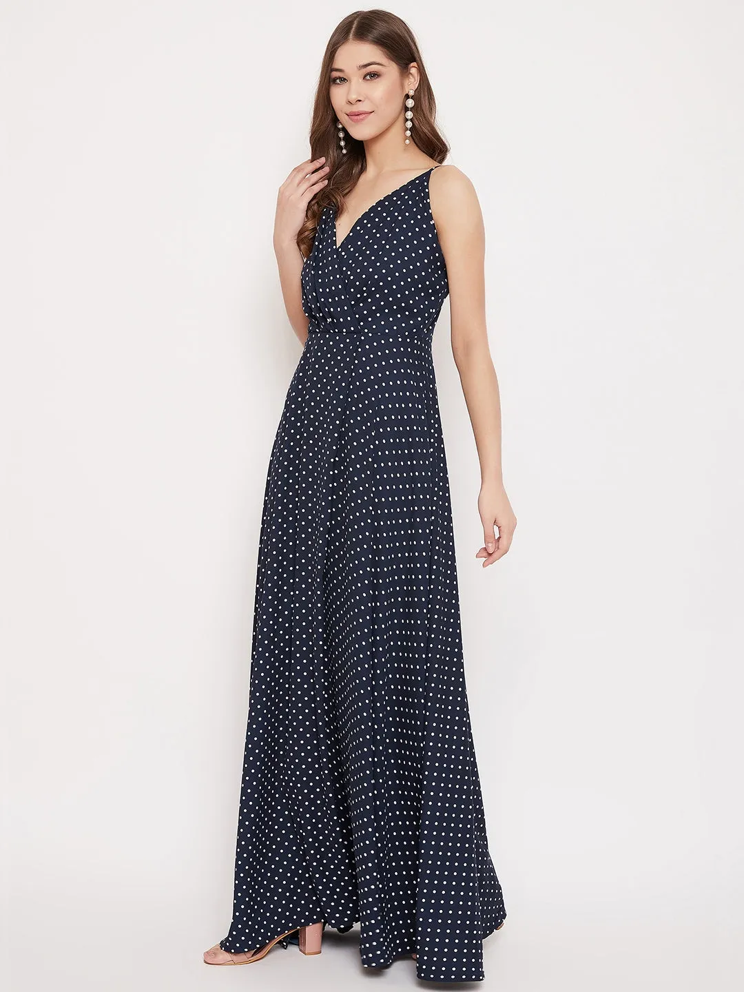 Berrylush Women Navy Blue & White Polka Dot Printed V-Neck Thigh-High Slit Flared Maxi Dress