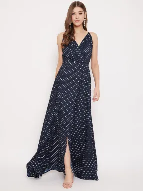 Berrylush Women Navy Blue & White Polka Dot Printed V-Neck Thigh-High Slit Flared Maxi Dress