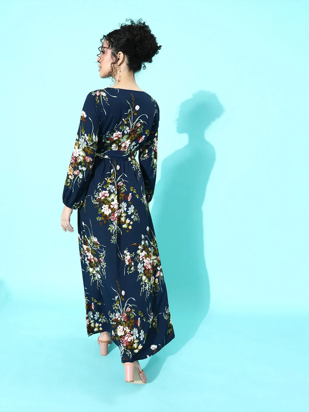 Berrylush Women Navy Blue Floral Printed Crepe A-Line Maxi Dress