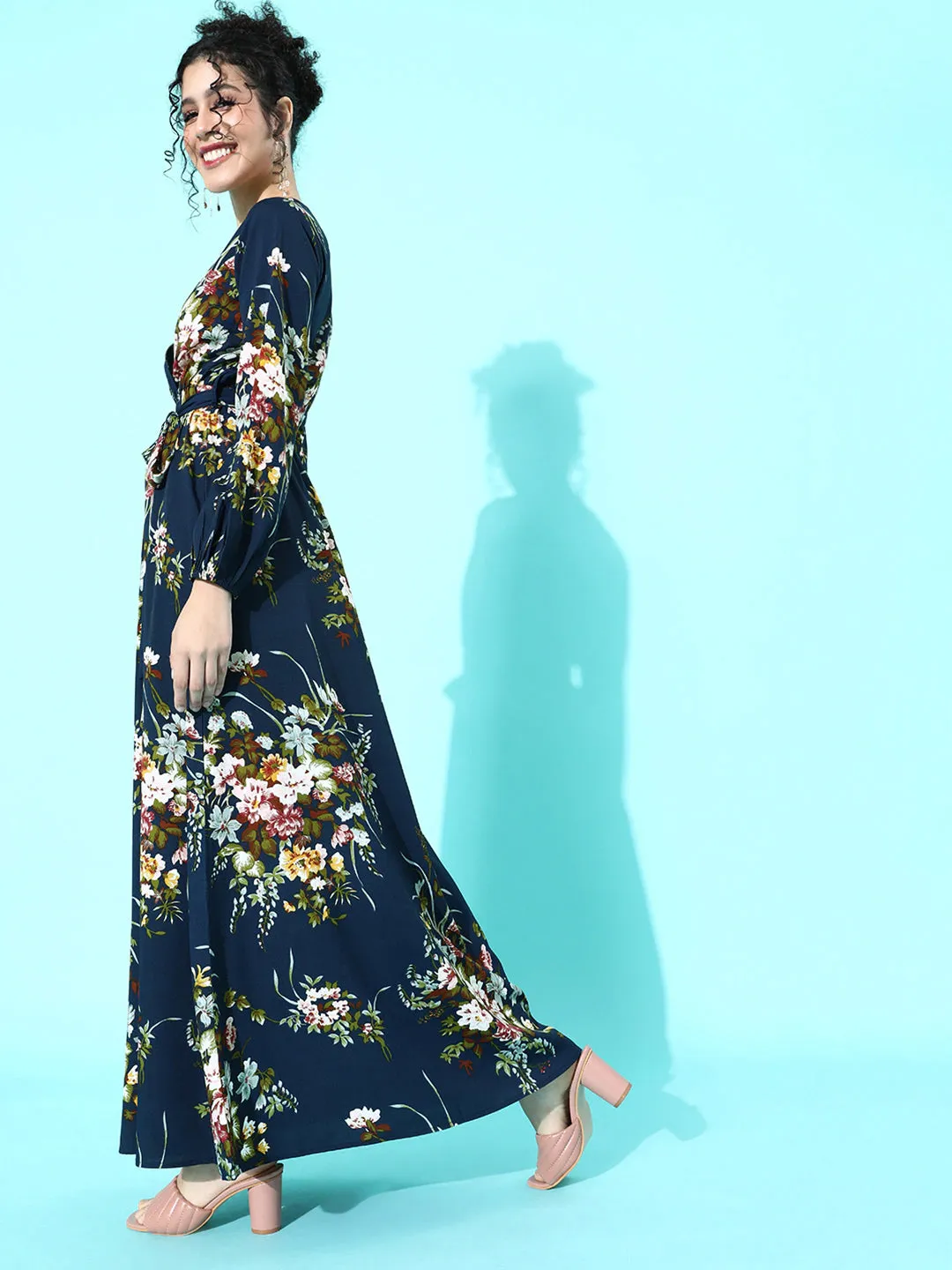 Berrylush Women Navy Blue Floral Printed Crepe A-Line Maxi Dress