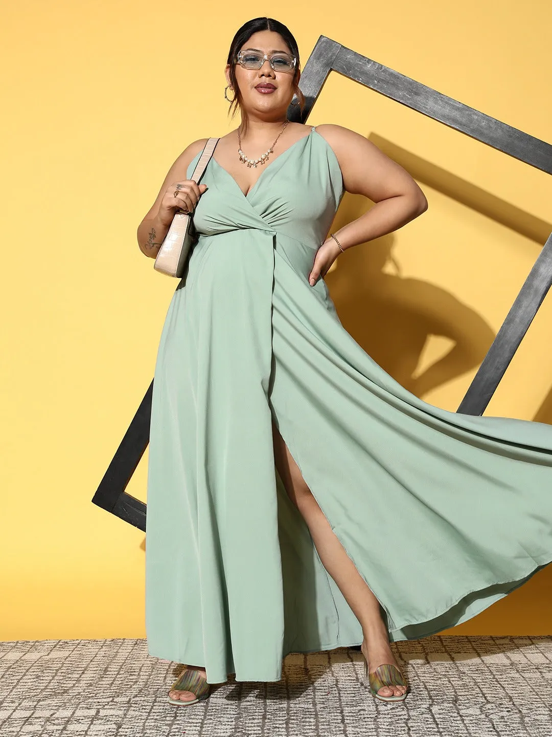 Berrylush Women Plus Size Solid Green V-Neck Sleeveless Crepe Thigh-High Slit Flared Maxi Dress