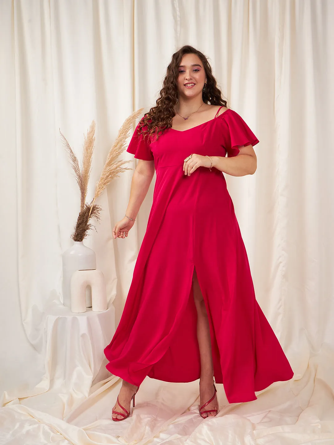 Berrylush Women Plus Size Solid Pink Off-Shoulder Neck Cold-Shoulder Sleeve Thigh-High Slit Flared Maxi Dress