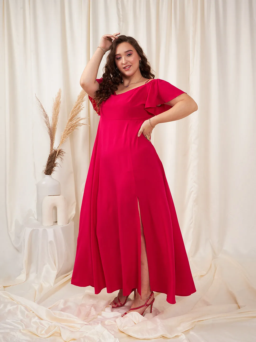 Berrylush Women Plus Size Solid Pink Off-Shoulder Neck Cold-Shoulder Sleeve Thigh-High Slit Flared Maxi Dress