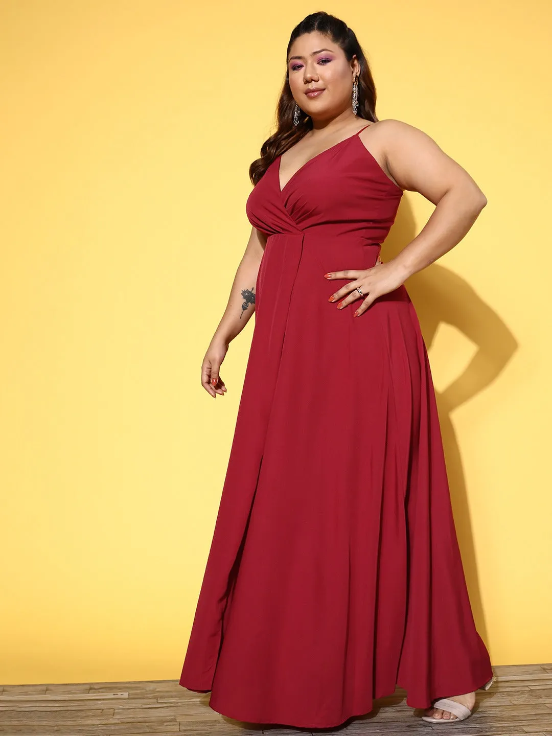 Berrylush Women Plus Size Solid Red V-Neck Sleeveless Crepe Thigh-High Slit Fit & Flare Maxi Dress