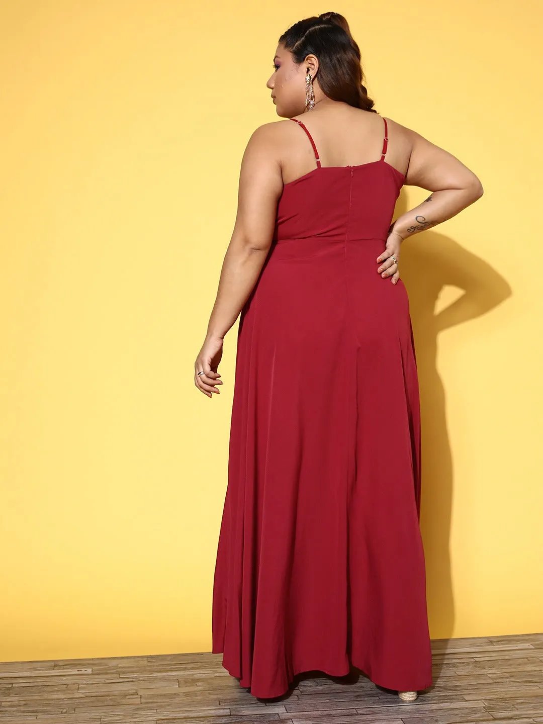 Berrylush Women Plus Size Solid Red V-Neck Sleeveless Crepe Thigh-High Slit Fit & Flare Maxi Dress