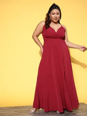 Berrylush Women Plus Size Solid Red V-Neck Sleeveless Crepe Thigh-High Slit Fit & Flare Maxi Dress