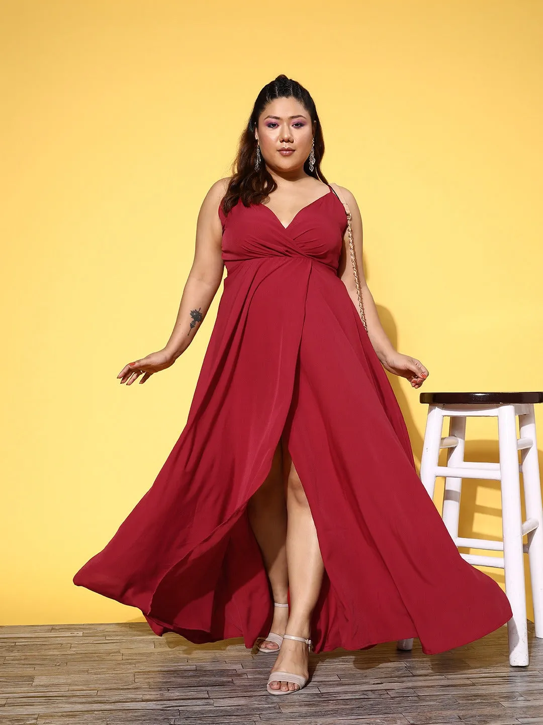 Berrylush Women Plus Size Solid Red V-Neck Sleeveless Crepe Thigh-High Slit Fit & Flare Maxi Dress