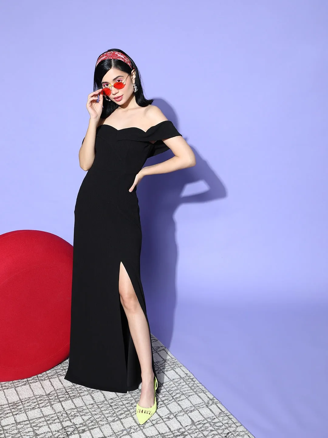 Berrylush Women Solid Black Off-Shoulder Neck Crepe Thigh-High Slit Flared A-Line Maxi Dress