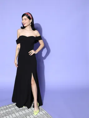 Berrylush Women Solid Black Off-Shoulder Neck Crepe Thigh-High Slit Flared A-Line Maxi Dress