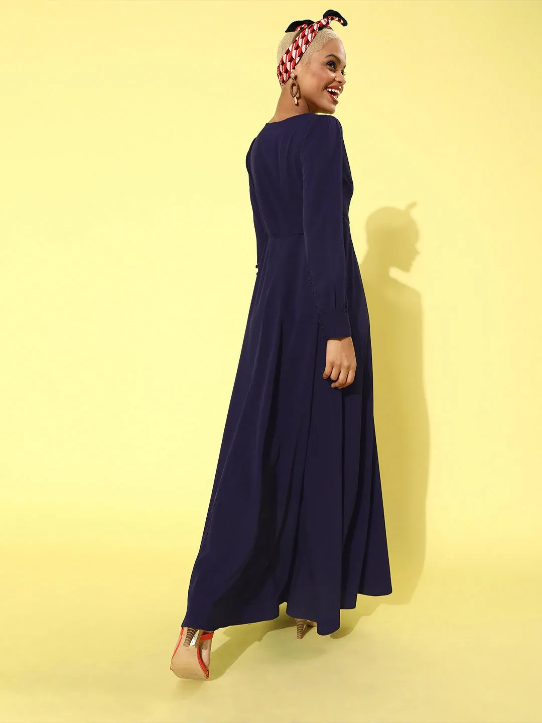 Berrylush Women Solid Navy Blue V-Neck Cuffed Sleeves Maxi Dress