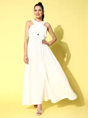 Berrylush Women Solid White V-Neck Criss-Cross Front Crepe Flared A-Line Maxi Dress