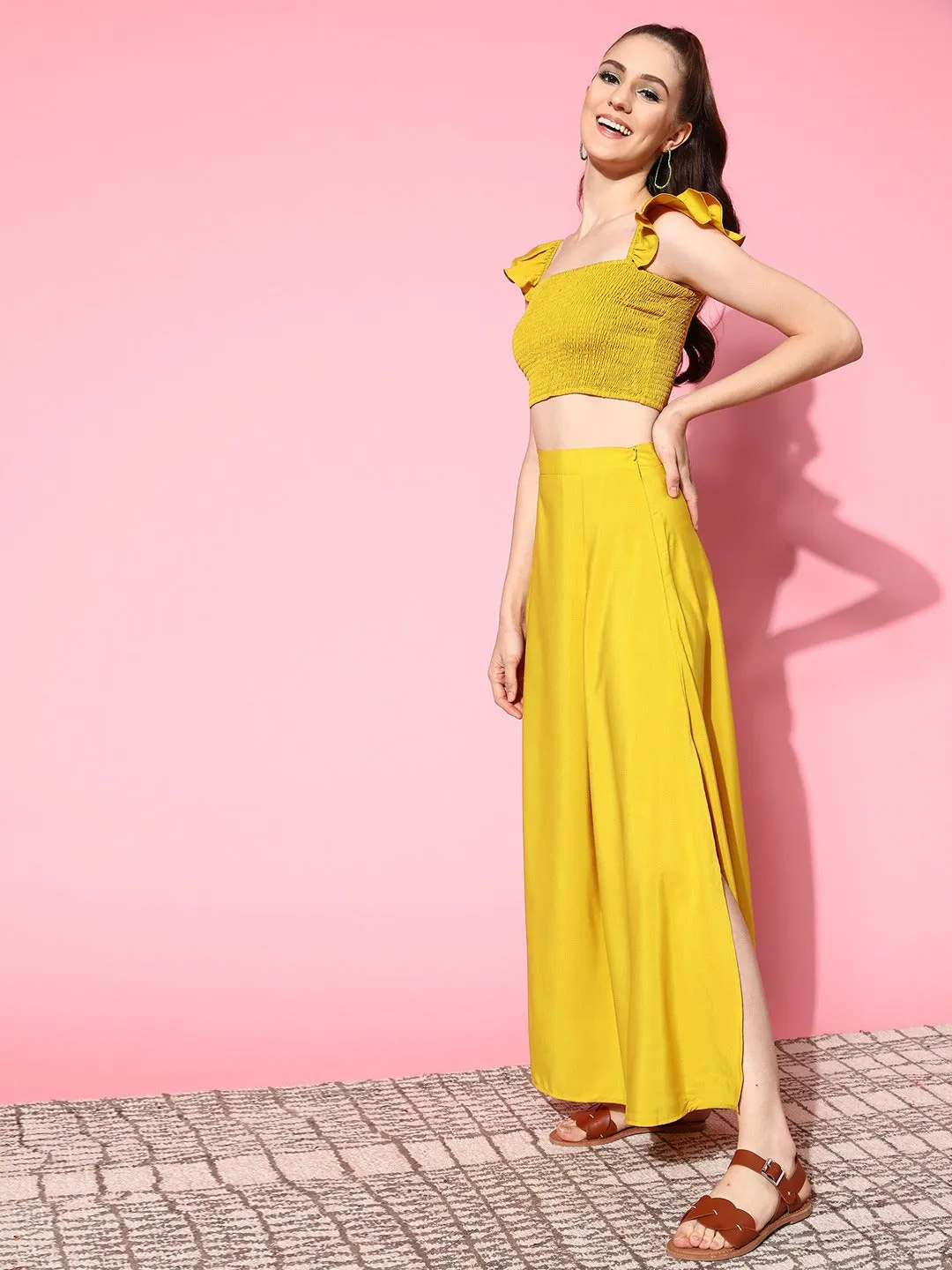 Berrylush Women Solid Yellow Square Neck Smocked Crop Top & Thigh-High Slit Maxi Skirt Co-Ord Dress