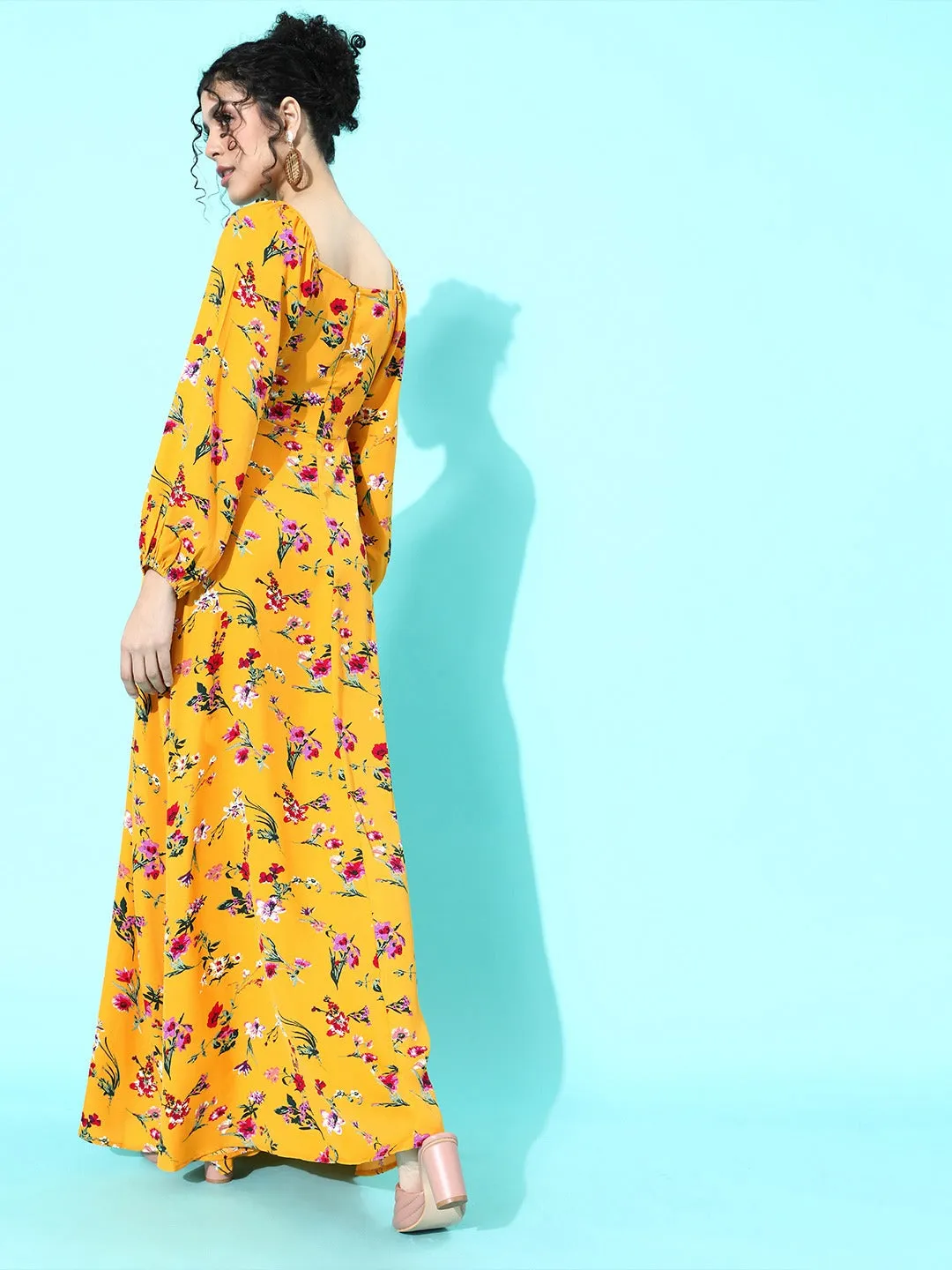 Berrylush Women Yellow Floral Cuffed Sleeve Thigh-Slit Maxi Dress