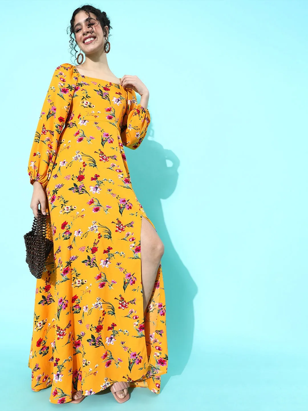 Berrylush Women Yellow Floral Cuffed Sleeve Thigh-Slit Maxi Dress