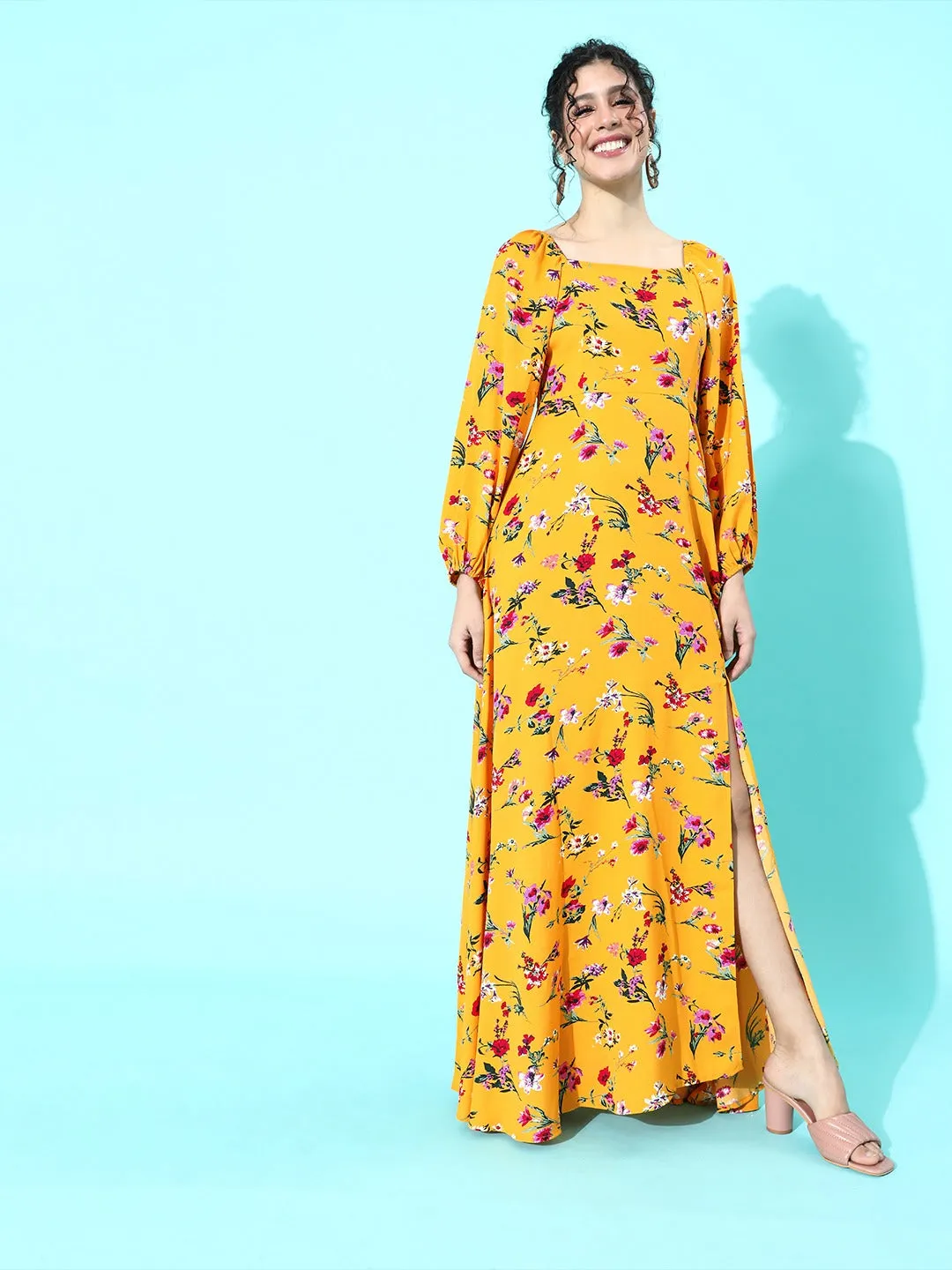 Berrylush Women Yellow Floral Cuffed Sleeve Thigh-Slit Maxi Dress