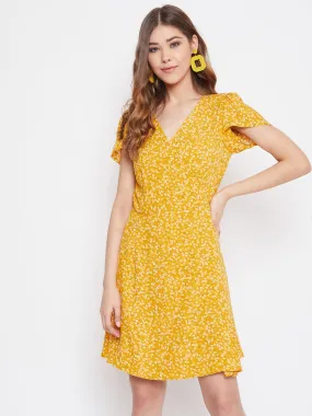 Berrylush Women Yellow Floral Printed A-Line Wrap Mini Dress