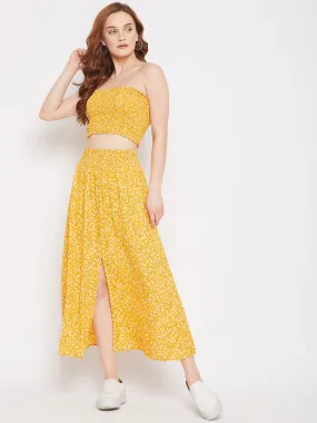 Berrylush Women Yellow Floral Printed Off-Shoulder Neck Shirred Co-Ordinate Maxi Dress