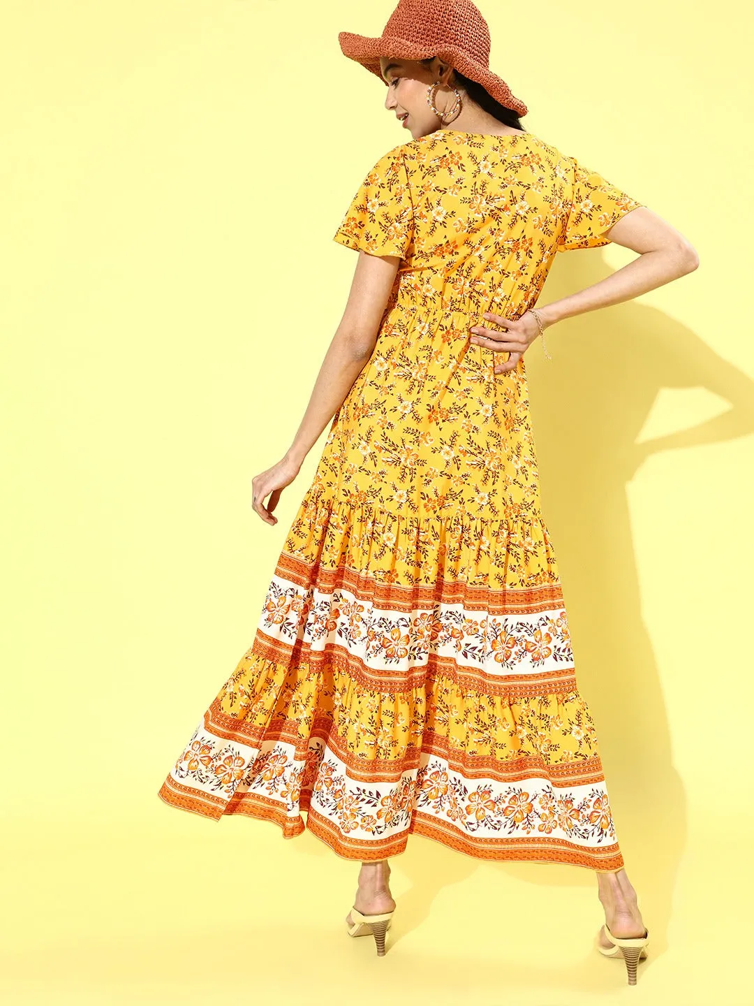 Berrylush Women Yellow Floral Printed V-Neck Grommet Lace-up Ruffled Maxi Dress