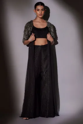 Black Embroidered Long Cape Set