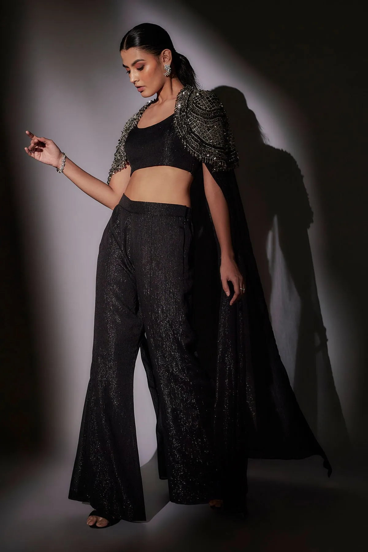 Black Embroidered Long Cape Set