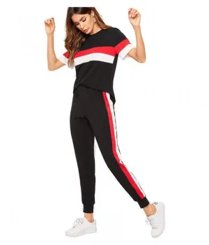 Black Red & White Stripe Tracksuit for Women